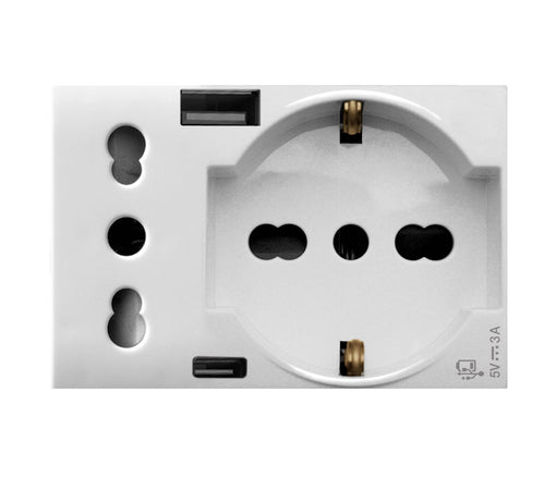 Domus S44 Presa Schuko Presa Italiana USB-A e USB-C 2P+T 10/16A 250V 3 Moduli Bianco Lucido, 44109015USB
