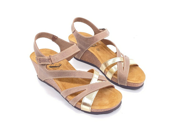 SABATINI Sandali donna nubuk e laminato beige e platino