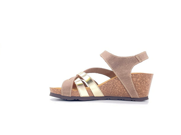 SABATINI Sandali donna nabuk e laminato beige e platino