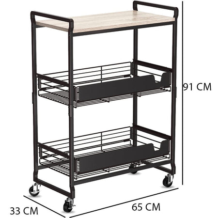 Carrello da Cucina 3 Ripiani con Ruote e 2 Cesti Portaoggetti 65x33x91cm Nero