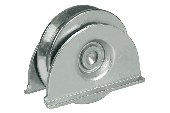 Ruota da 100mm con piastra in acciaio zincato per cancelli con 1 cuscinetto a sfera e gola a V