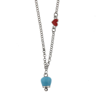 BYSIMON - Collana in Metallo con cuore rosso e campanella portafortuna pendente con smalto azzurro, impreziosita da punto luce