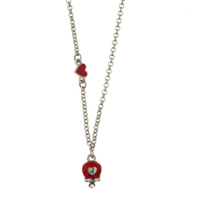 BYSIMON - Collana in Metallo con dettaglio cuore rosso e campanella portafortuna rossa con cuore centrale e cristalli bianchi