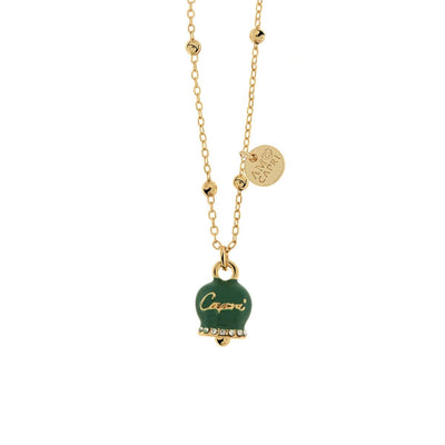 BYSIMON - Collana in Metallo campanella portafortuna in smalto verde, con scritta Capri a rilievo e cristalli bianchi