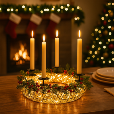 Corona con 4 portacandele con luci Led color oro per decorazione natalizia