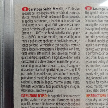 Saratoga salda metalli 34gr acciaio liquido rapido bicomponente per temperature massimo di 140°C
