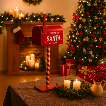 Mailbox in metallo colore rosso con decorazioni natalizie 50 cm