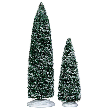 Alberi di Natale innevati Juniper, accessori per villaggio di Natale, set di 2 pezzi