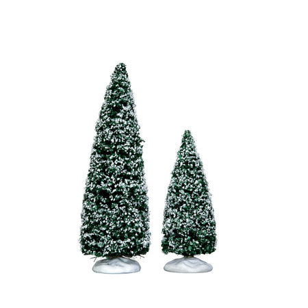 Alberi di Natale innevati Juniper, accessori per villaggio di Natale, set di 2 pezzi
