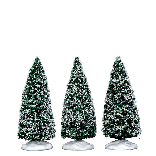 Alberi di Natale innevati Juniper, accessori per villaggio di Natale, set di 3 pezzi