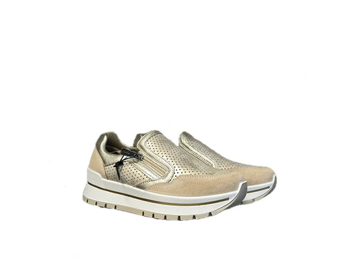 IGI & CO.. Sneakers donna in pelle scamosciata beige e laminata platino