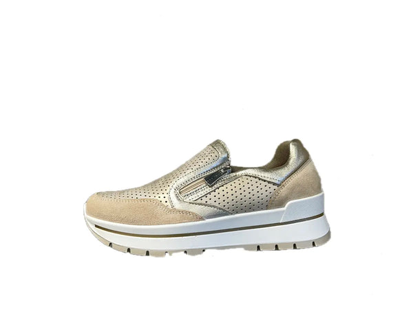 IGI &amp; CO.. Sneakers donna in pelle scamosciata beige e laminata platino