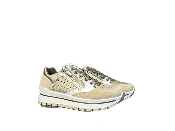 IGI CO Sneaker donna in pelle scamosciata e laminata beige