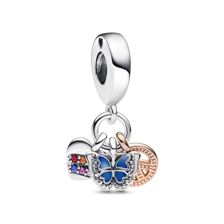 Pandora - Charm pendente bicolore triplo Cuore Arcobaleno, Farfalla e Pace