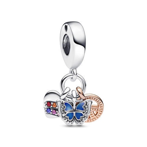 Pandora - Charm pendente bicolore triplo Cuore Arcobaleno, Farfalla e Pace