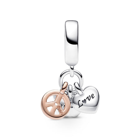 Pandora - Charm pendente bicolore triplo Cuore Arcobaleno, Farfalla e Pace