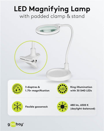 Lampada LED con Lente d'ingrandimento Base di Appoggio e Clip da Tavolo 6W Bianco