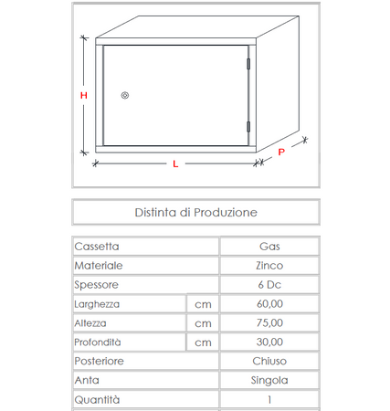 Cassetta gas H 75 x L 60 x P 30cm cassonetto contenitore zincato per contatore - schienale incluso
