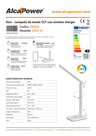 Alca Power Vera lampada da tavolo 5W 250lm con caricatore wireless per smartphone