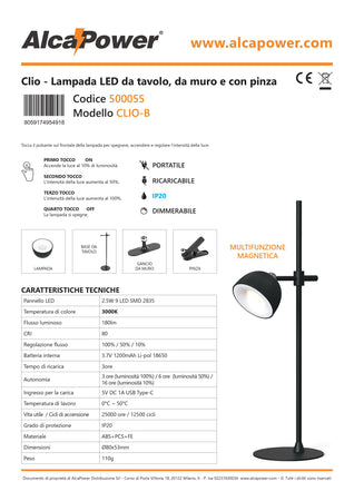 Alca Power Clio lampada da tavolo ricaricabile da 2,5W 180lm 3 in 1 portatile