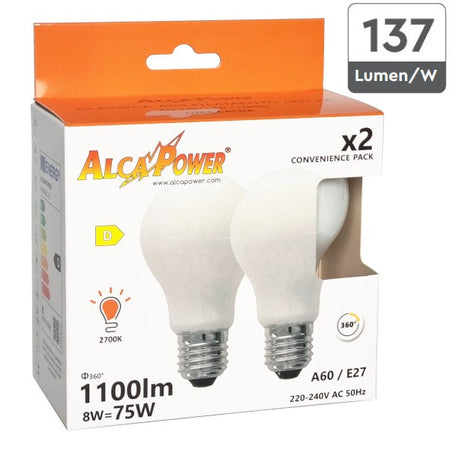 Alca Power A60 8W 220V 1100LM 4000K E27 lampada classica a led vetro bianco box da 2pz