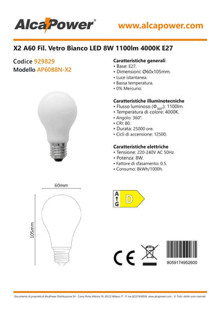 Alca Power A60 8W 220V 1100LM 4000K E27 lampada classica a led vetro bianco box da 2pz