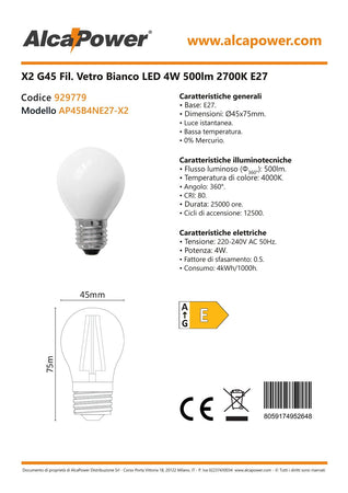 Alca Power G45 4W 220V 500LM 4000K E27 lampada classica a led vetro bianco box da 2pz