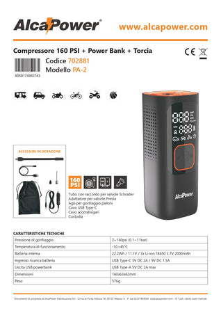 Alca Power Compressore 160 PSI + Power Bank + Torcia