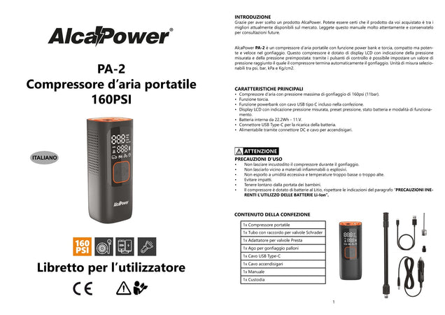 Alca Power Compressore 160 PSI + Power Bank + Torcia