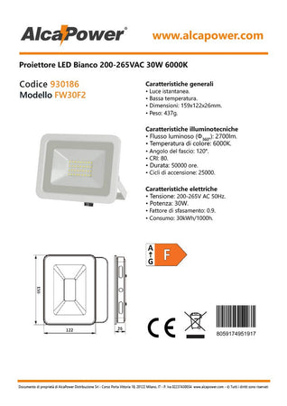Alca Power proiettore LED 200-265V da 30W 6000°K luce fredda