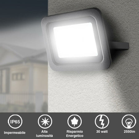 Faro Led 30W Luce Alta Luminosita 2550lm Faretto Esterno Slim Bianco Freddo IP65