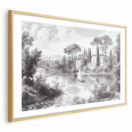 Poster - Black-and-White Vintage Landscape with a Pond