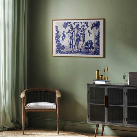 Poster - Ancient Vineyard - three women in a portal painted in blue ink