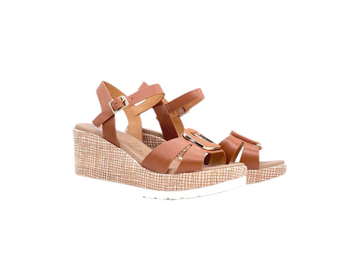 STUDIO MODA Sandali donna in pelle colore cuoio con zeppa