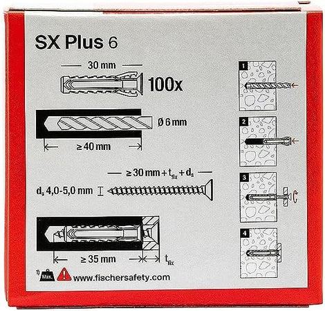 Fischer SX Plus 6mm tassello in nylon con espansione a 4 settori - 20pz