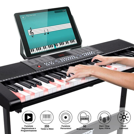 Tastiera Musicale Pianola Elettronica 61 Tasti Luminosi con Supporto e Sgabello