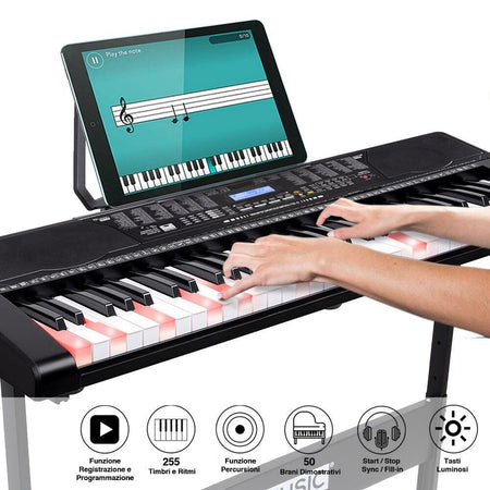 Tastiera Musicale Pianola Elettronica 61 Tasti Luminosi con Supporto e Sgabello