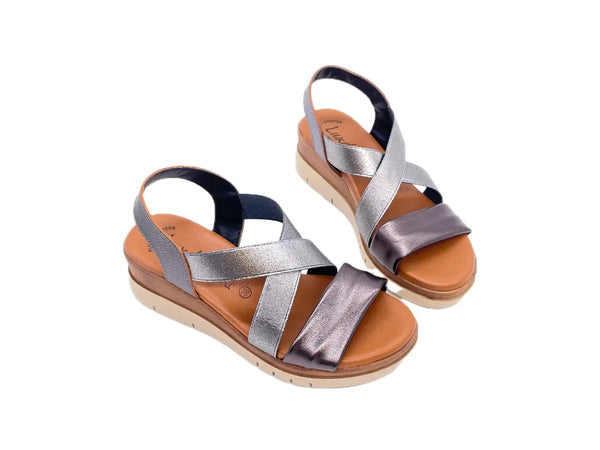 LUXDIVE Sandali donna in pelle e fasce elasticizzate nichel