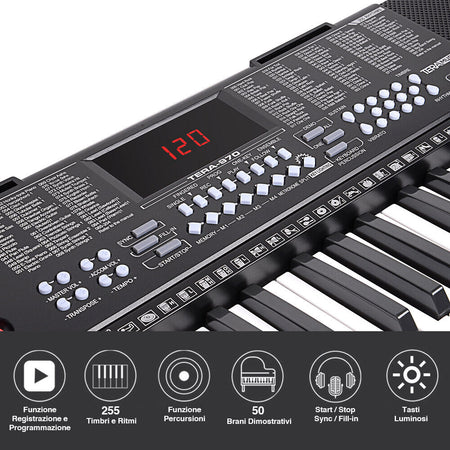 Tastiera Musicale Pianola Elettronica 61 Tasti Luminosi Pianoforte con Microfono