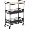 Carrello da Cucina 3 Ripiani con Ruote e 2 Cesti Portaoggetti 65x33x91cm Nero