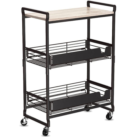 Carrello da Cucina 3 Ripiani con Ruote e 2 Cesti Portaoggetti 65x33x91cm Nero