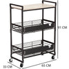 Carrello da Cucina 3 Ripiani con Ruote e 2 Cesti Portaoggetti 65x33x91cm Nero