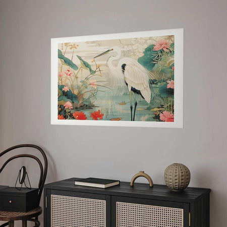 Poster - Over the Asian Pond - illustration in the Japanese print style featuring a heron