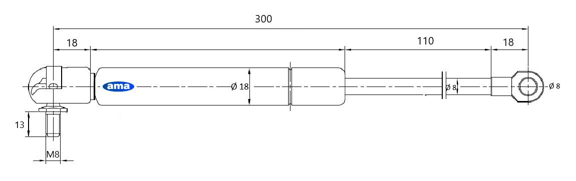 Molla a gas estensione max 300mm corsa 109mm 350 N