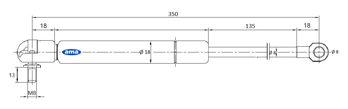 Molla a gas estensione max 350mm 350N 2 terminali