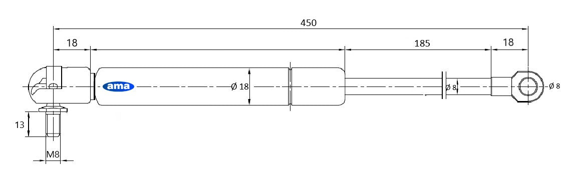 Molla a gas estensione max 450mm corsa 184mm 350 N