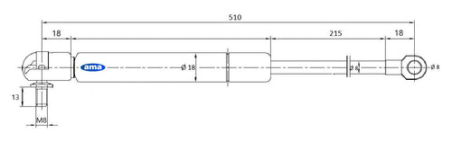 Molla a gas estensione max 510mm 200N 2 terminali