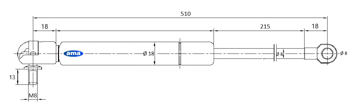 Molla a gas estensione max 510mm 200N 2 terminali