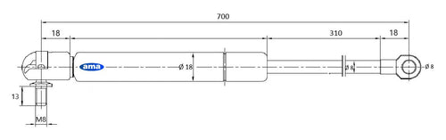 Molla a gas estensione max 700mm corsa 309mm 350 N