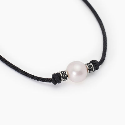 MABINA - Collana in argento con cordino nero e perla bianca TROPICAL